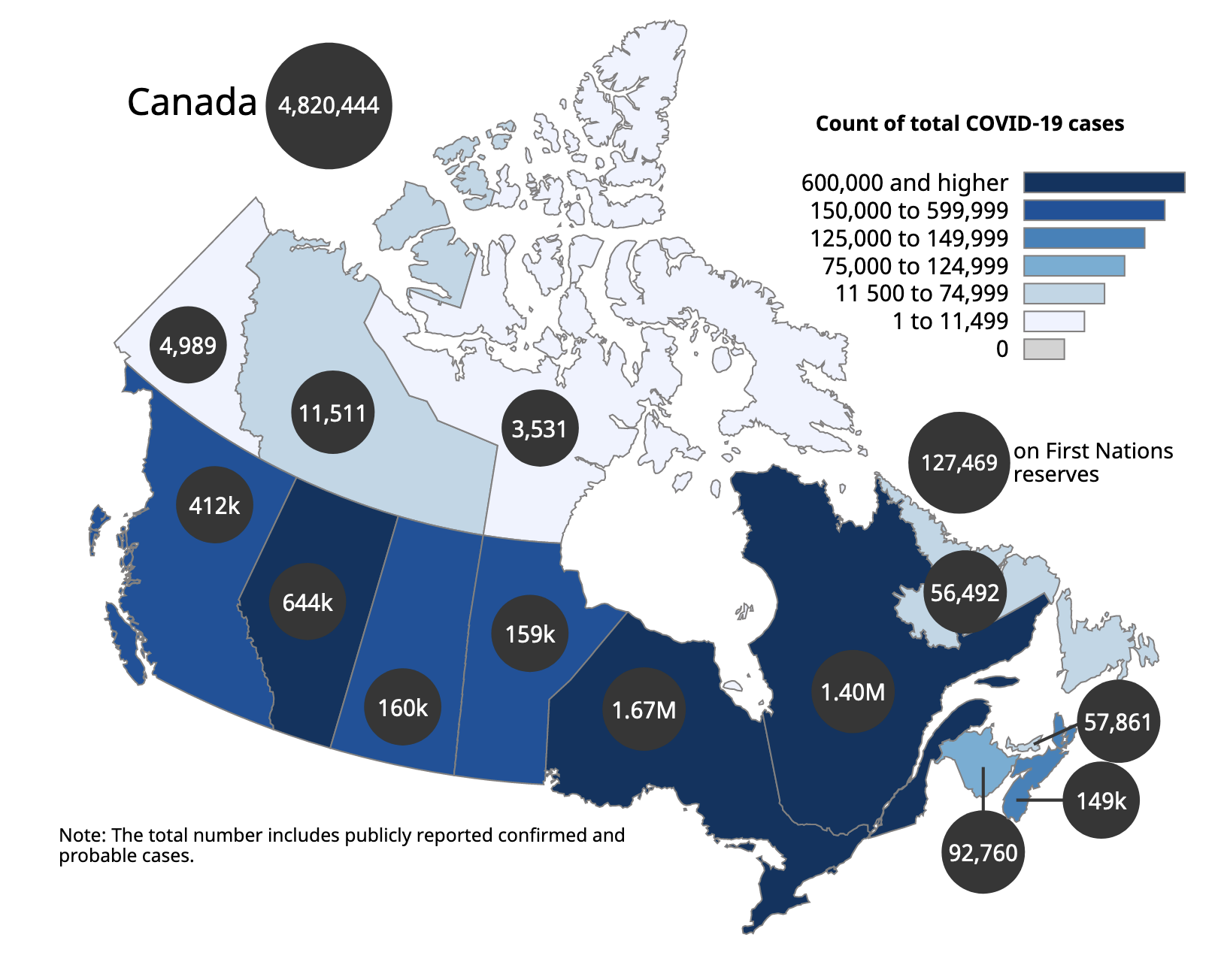 Map of Canada showing the number of confirmed cases.