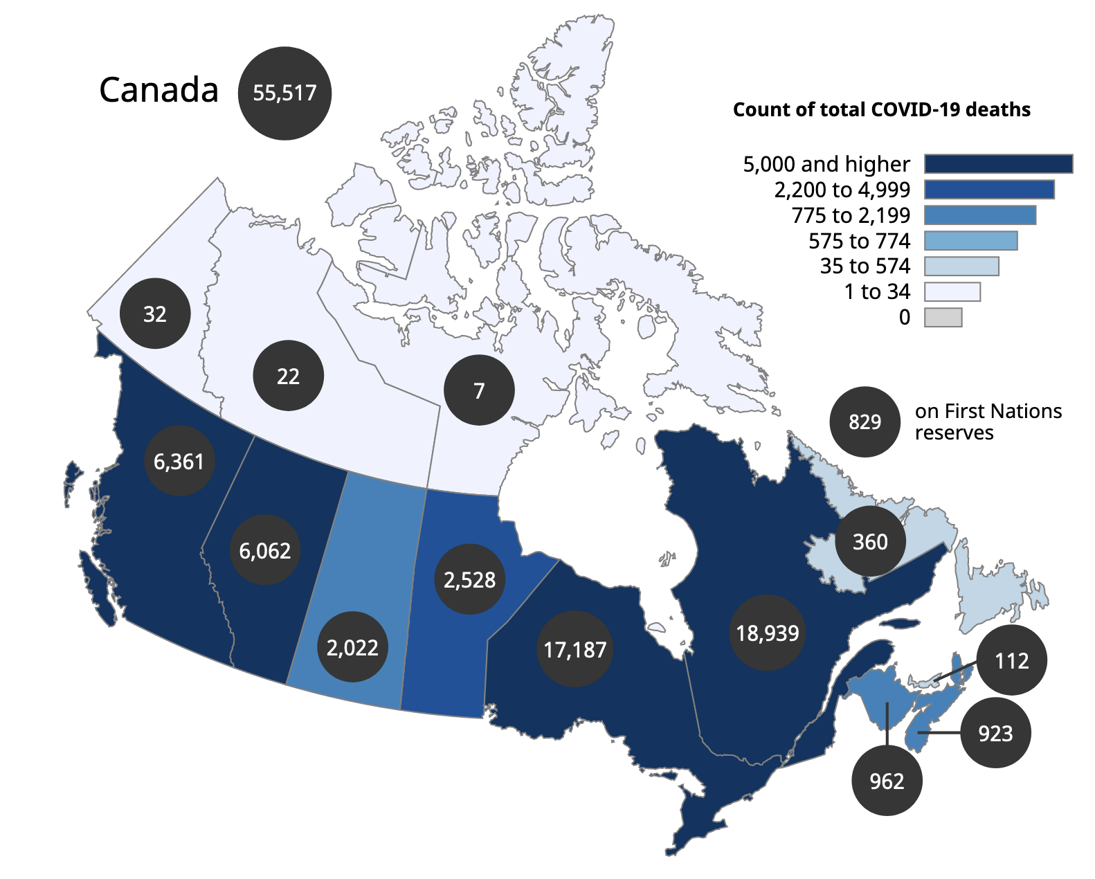 Map of Canada showing the number of deaths.